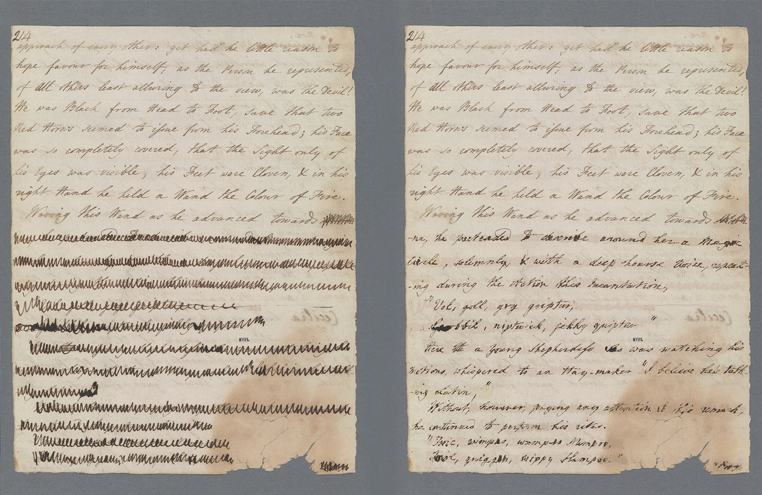 Two versions of a handwritten page from the Cecilia manuscript shown side-by-side, demonstrating how digital tools can remove markings and reveal original text.